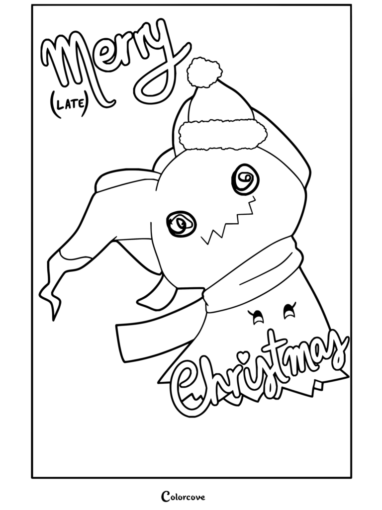Dibujo para colorear de Feliz Navidad con Mimikyu llevando gorro de Papá Noel y bufanda, con temática de Pokemon de Navidad.