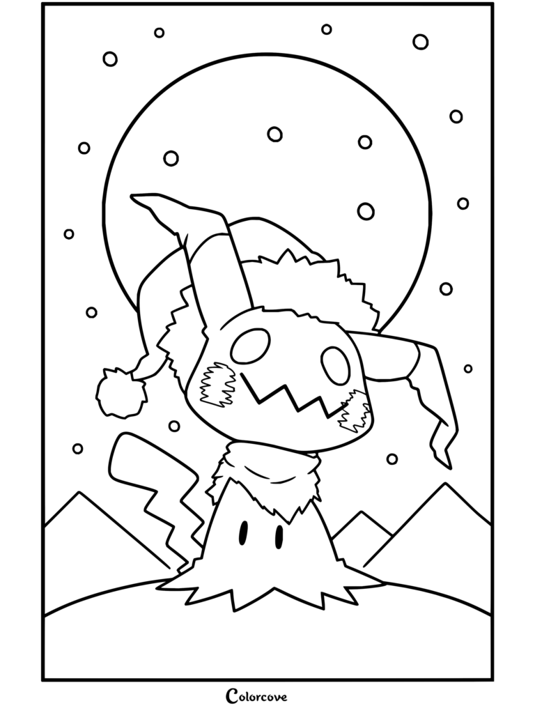 Dibujo para colorear de Pokemon de Navidad con Mimikyu llevando un gorro de Papá Noel en un paisaje montañoso nevado.