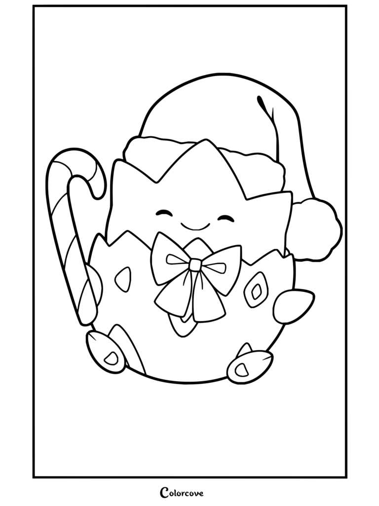 Dibujo para colorear de Pokemon de Navidad con Togepi en su cascarón llevando un gorro de Papá Noel y un bastón de caramelo.