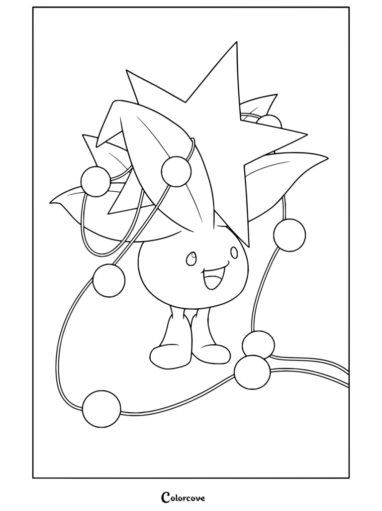 Dibujo para colorear de Pokemon de Navidad con Oddish luciendo un gran sombrero de estrella y envuelto en guirnaldas de luces.