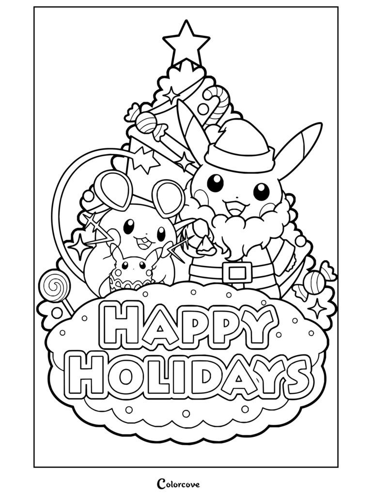 Dibujo para colorear de Pokemon de Navidad con Pikachu y Dedenne en trajes de Papá Noel junto a un árbol navideño y un pastel.