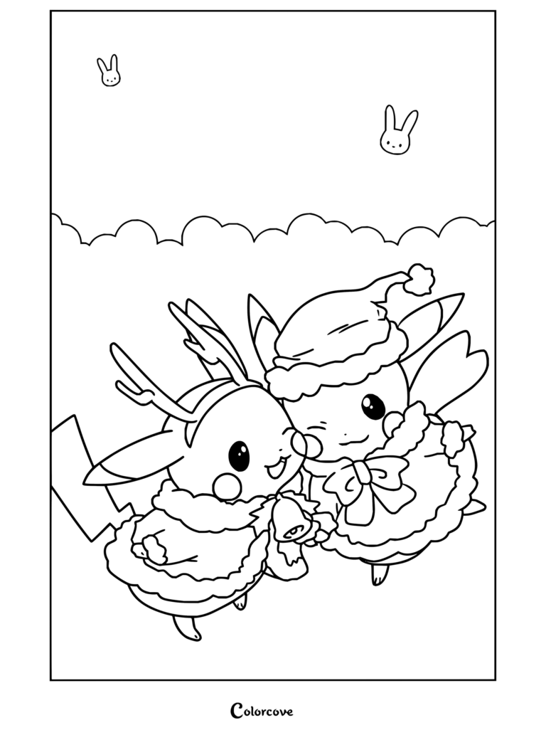 Dibujo para colorear de Pokemon de Navidad con Pikachu y Pichu luciendo atuendos navideños y sosteniendo una campana.