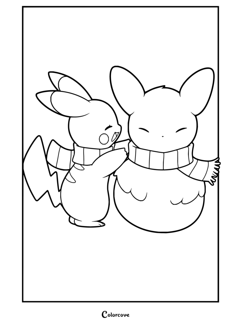 Dibujo para colorear para fans de Pokemon de Navidad de Pikachu construyendo un muñeco de nieve con forma de Pikachu y bufanda navideña.
