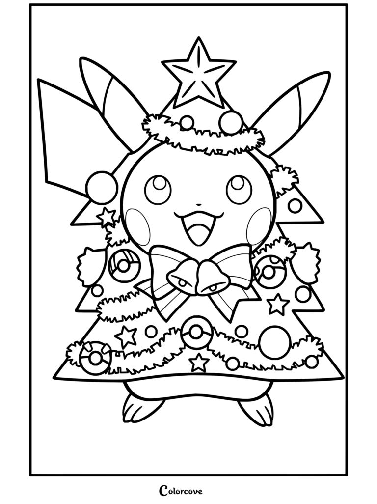 Dibujo para colorear con elementos de Pokemon de Navidad que muestra a Pikachu disfrazado de árbol navideño con adornos y una estrella.