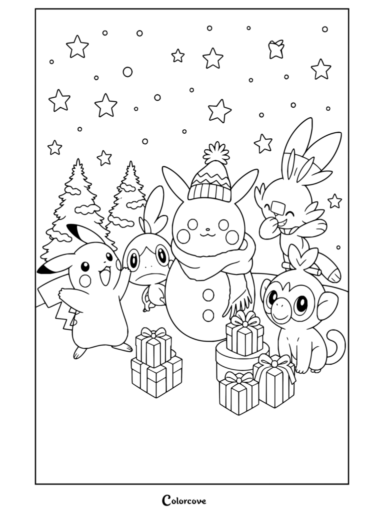 Dibujo para colorear de Pokemon de Navidad con Pikachu, Sobble, Grookey y Scorbunny reunidos junto a un muñeco de nieve y regalos.