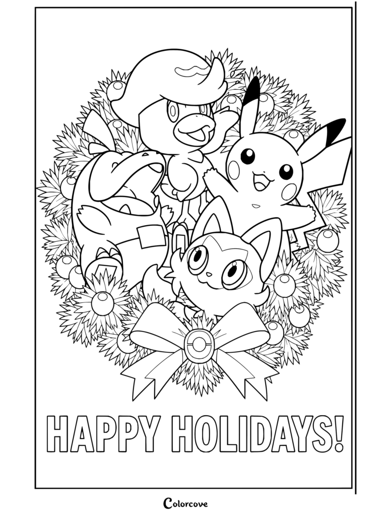 Dibujo para colorear de Pokemon de Navidad con Pikachu, Sprigatito, Fuecoco y Quaxly en una corona festiva con lazo y el mensaje de Felices Fiestas.