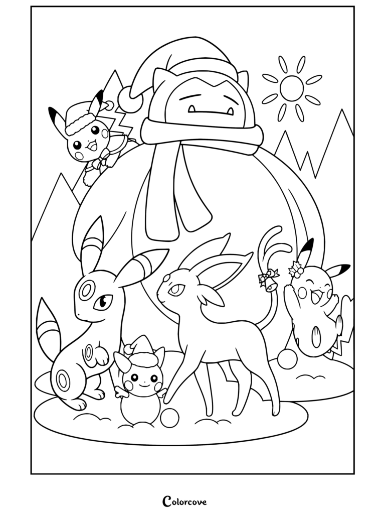 Dibujo para colorear de Pokemon de Navidad con Pikachu, Umbreon, Espeon y un muñeco de nieve de Snorlax en un paisaje invernal nevado.