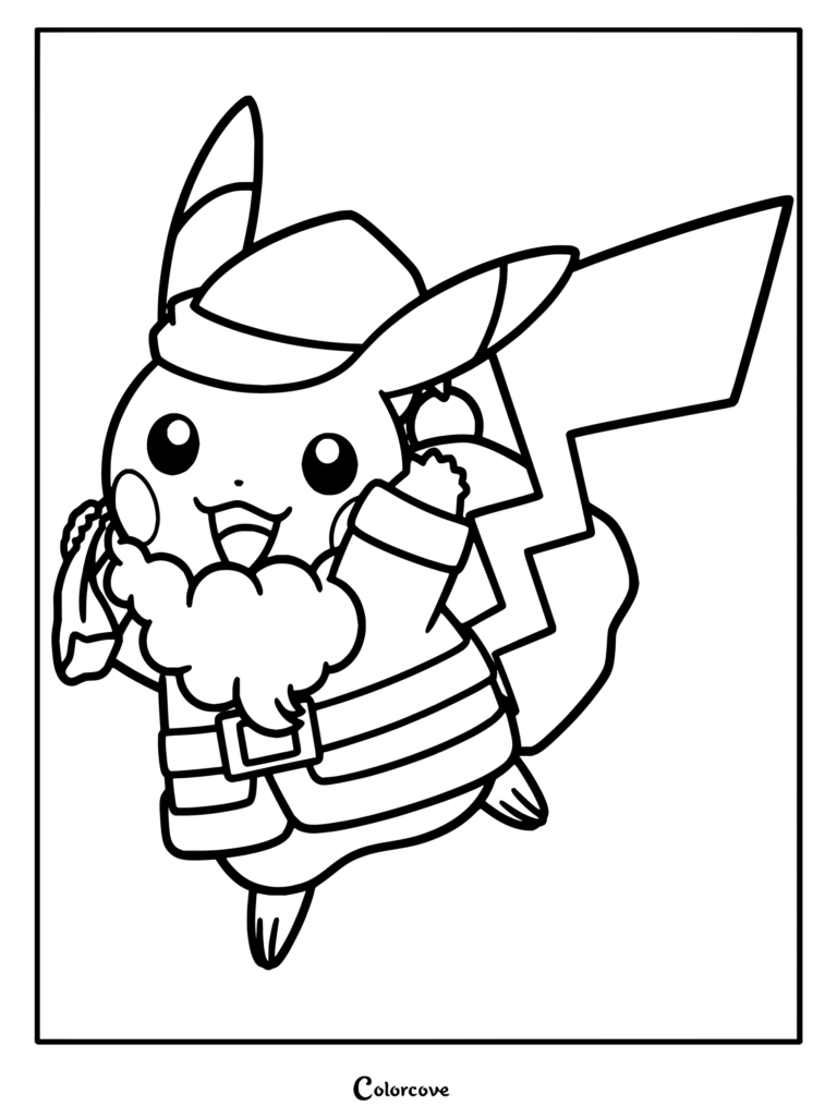 Dibujo para colorear de Pokemon de Navidad con Pikachu vestido de Papá Noel sosteniendo un saco lleno de regalos.