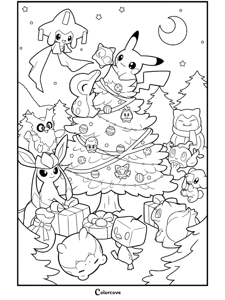 Dibujo para colorear de Pokemon de Navidad con Pikachu, Jirachi y varios Pokémon más celebrando alrededor de un árbol de Navidad decorado con regalos.