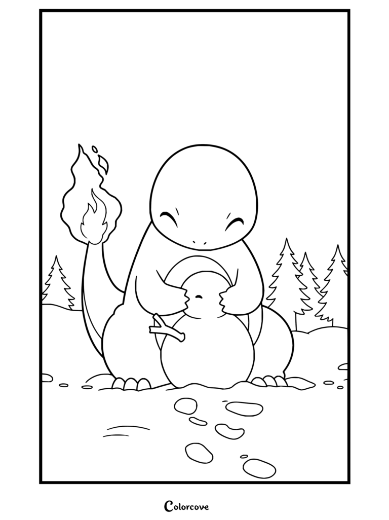 Dibujo para colorear de Pokemon de Navidad con Charmander abrazando a un pequeño muñeco de nieve en un paisaje invernal nevado.