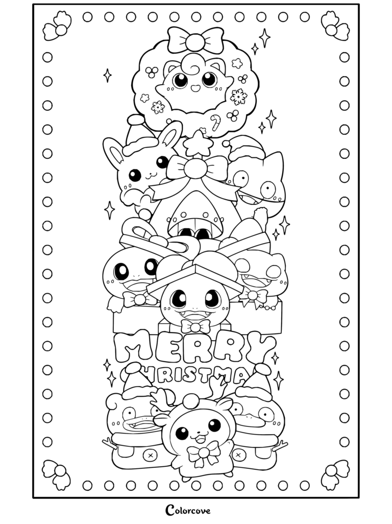 Dibujo para colorear imprimible de Pokemon de Navidad con una elaborada corona festiva junto a Jigglypuff, Pikachu, Eevee, Charmander, Bulbasaur y Snorlax.