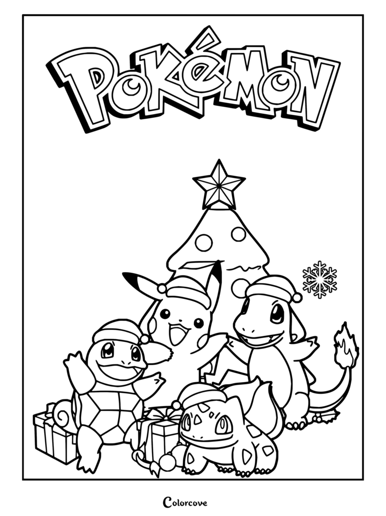 Dibujo para colorear de Pokémon iniciales celebrando las fiestas con gorros de Papá Noel y un árbol, con Pikachu, Charmander, Squirtle y Bulbasaur frente a un árbol de Navidad decorado y con regalos.