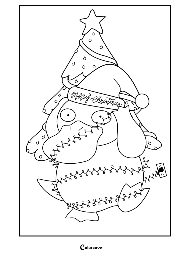 Dibujo para colorear de Pokemon de Navidad con Psyduck llevando un gorro de Papá Noel junto a un árbol navideño enredado en luces.