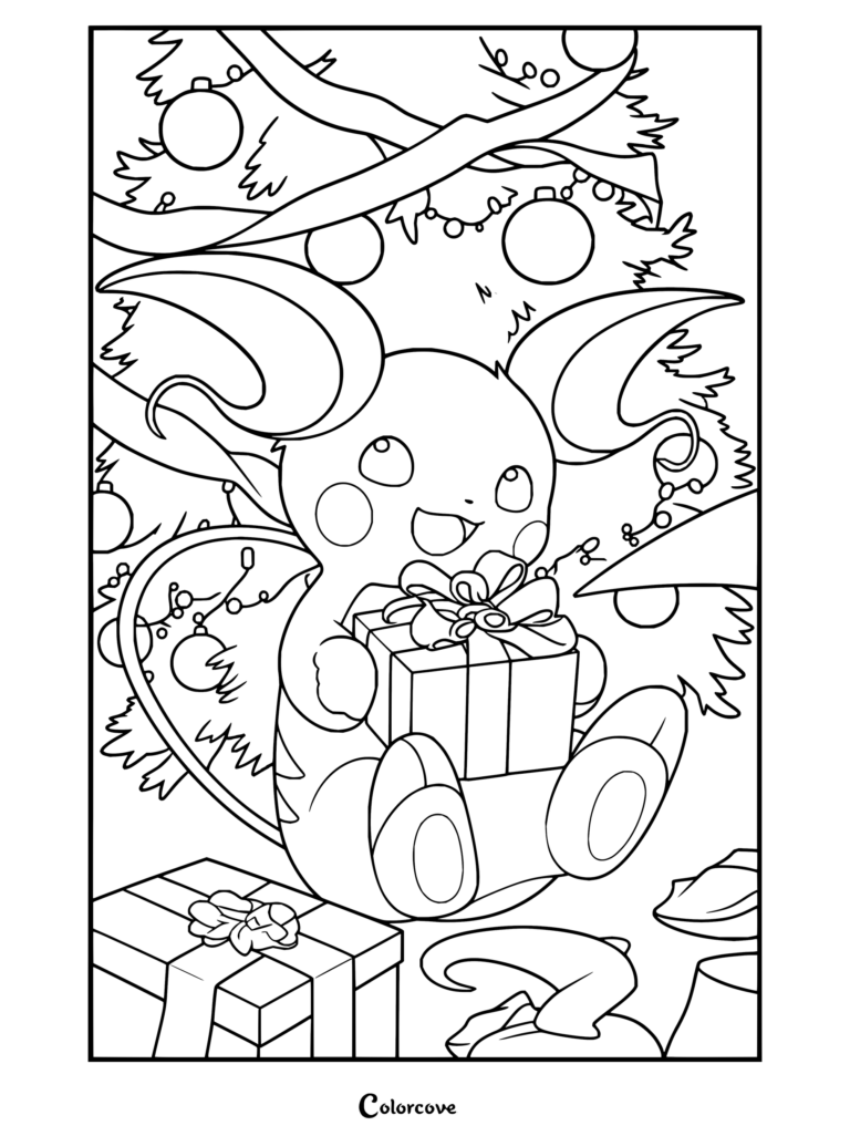 Dibujo para colorear con una festiva escena de Pokemon de Navidad en la que Raichu sostiene un regalo frente al árbol.