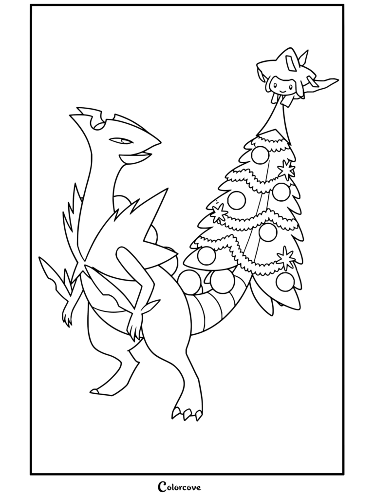 Dibujo para colorear e imprimir de Pokemon de Navidad con Sceptile y su cola decorada como árbol navideño coronado por una estrella de Jirachi.
