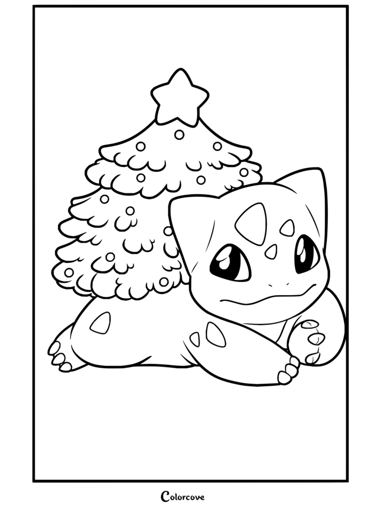Dibujo para colorear para fans de Pokemon de Navidad con un Bulbasaur Variocolor que luce una bola de árbol de Navidad en lugar de su bulbo.