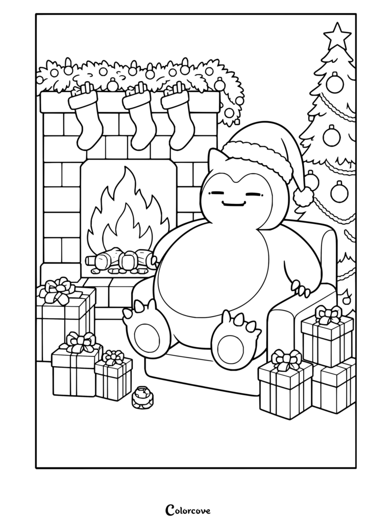Dibujo para colorear de Pokemon de Navidad con Snorlax llevando un gorro de Papá Noel y relajándose junto a la chimenea con regalos de Navidad.