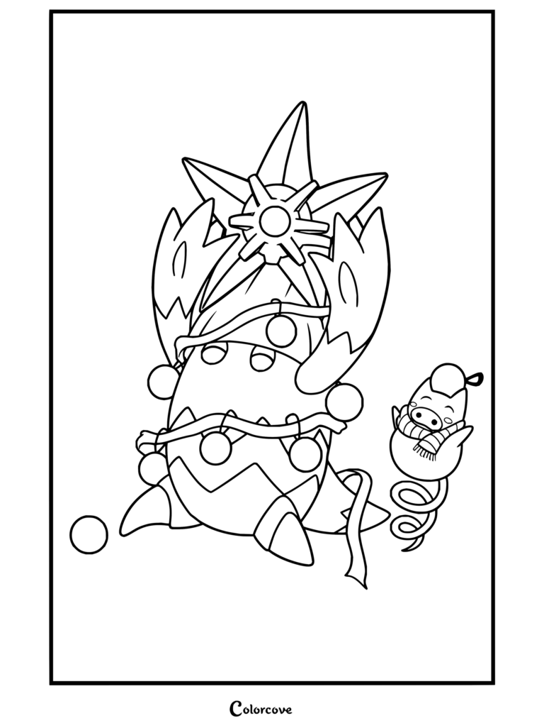 Dibujo para colorear de Pokemon de Navidad con Snover decorado como árbol festivo junto a un alegre Spoink.