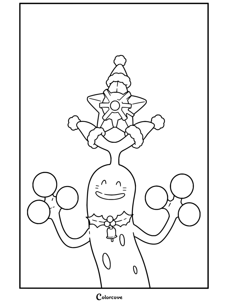 Dibujo para colorear de Sudowoodo con traje festivo y Staryu en la cabeza con adornos para fans de Pokemon de Navidad.