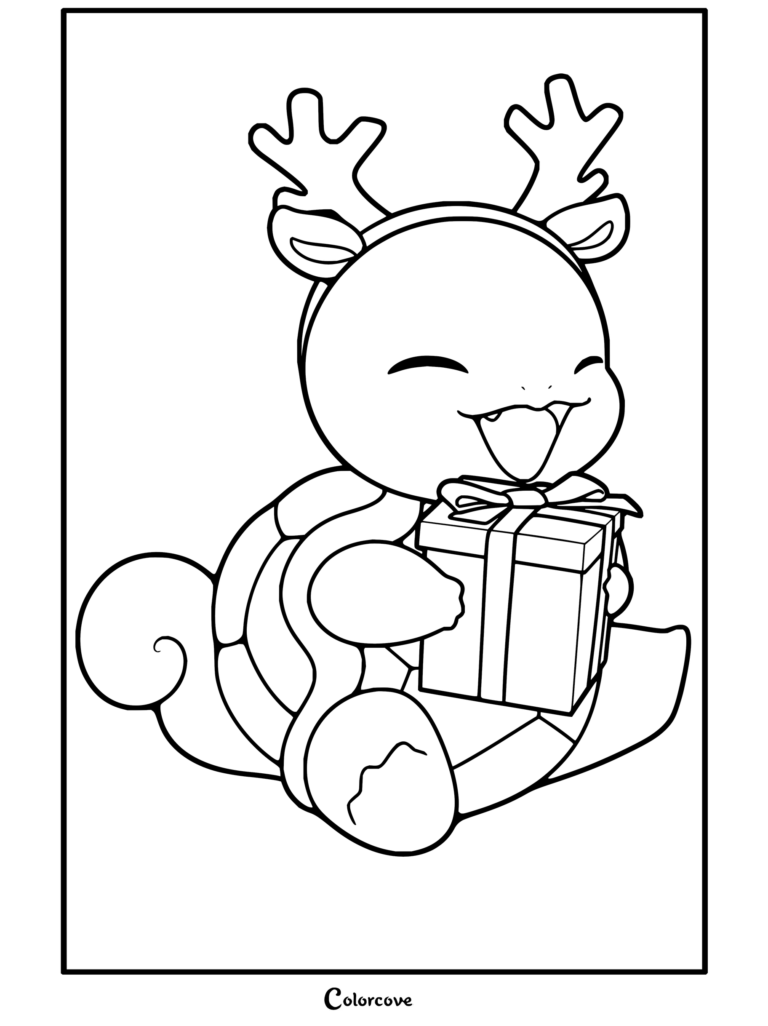 Dibujo para colorear de Pokemon de Navidad con Squirtle luciendo astas de reno y sosteniendo una caja de regalo.