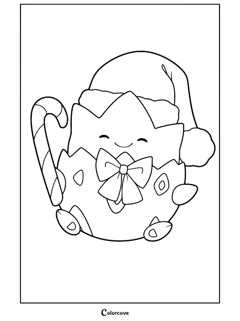 Dibujo para colorear de Pokemon de Navidad con Togepi sosteniendo un bastón de caramelo y con un gorro de Papá Noel.