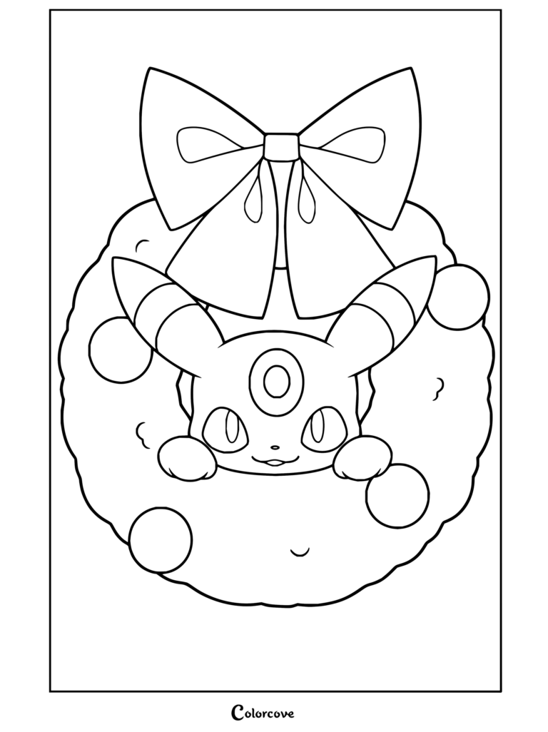 Dibujo para colorear con una festiva escena de Pokemon de Navidad donde Umbreon se asoma a través de una corona navideña con un lazo rojo.