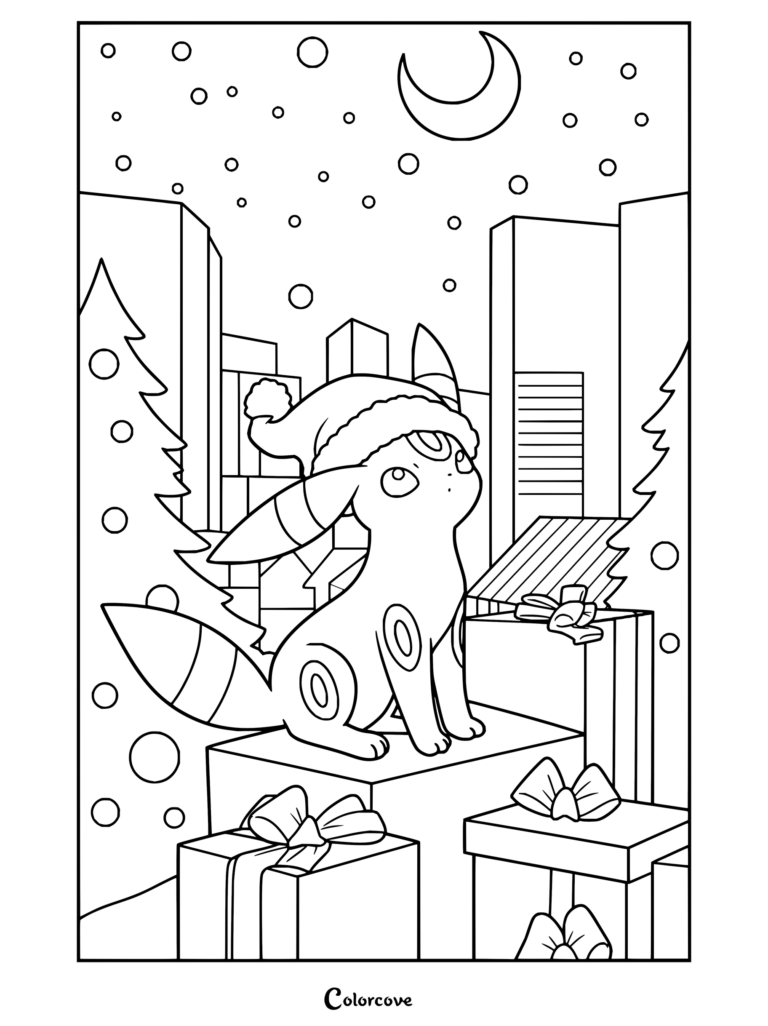 Dibujo para colorear para fans de Pokemon de Navidad con Umbreon llevando gorro de Papá Noel y sentado sobre regalos en una ciudad nevada.