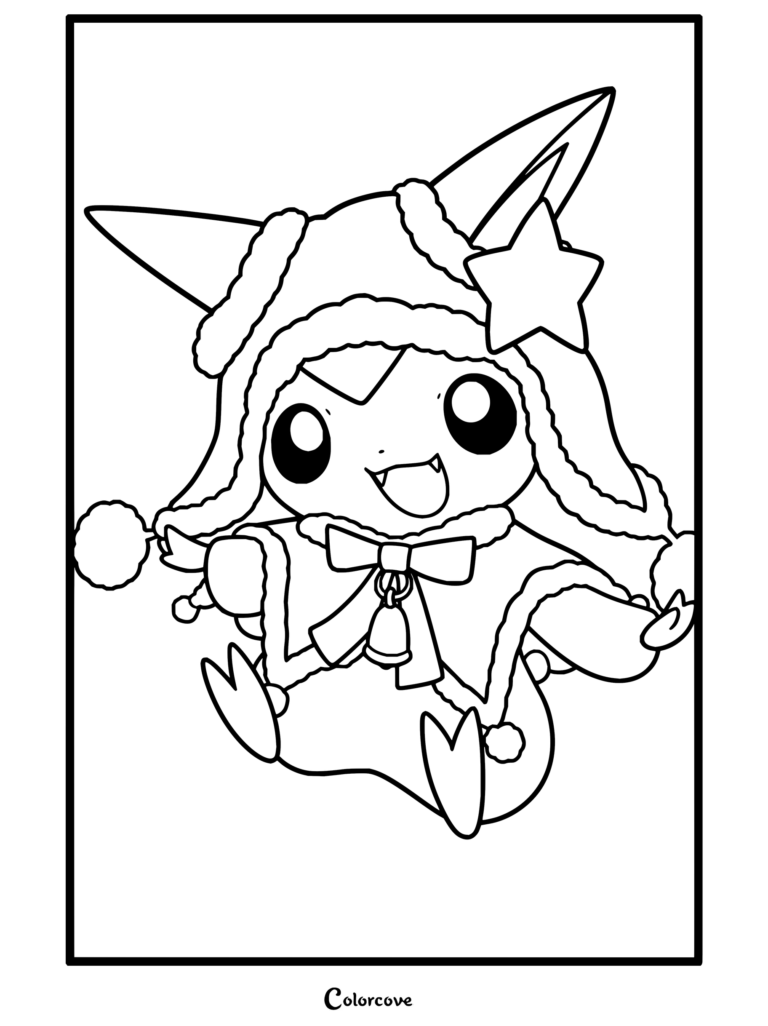 Dibujo para colorear de Victini con traje de Papá Noel, estrella y campana para fans de Pokemon de Navidad.