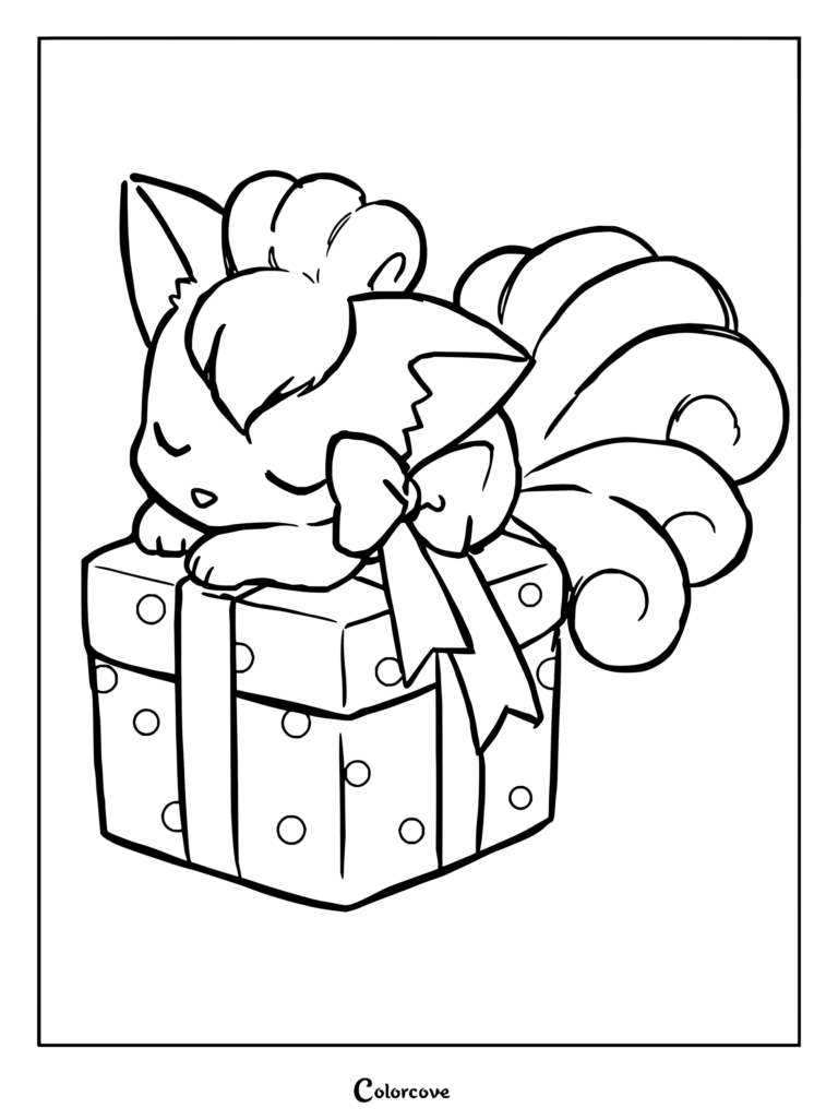 Dibujo para colorear de Pokemon de Navidad con Vulpix durmiendo sobre una caja de regalo decorada con un lazo.