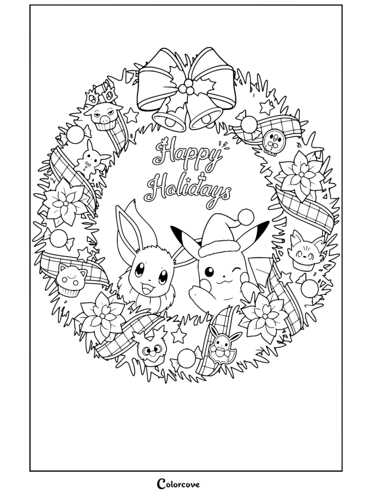 Dibujo para colorear para fans de Pokemon de Navidad con Eevee y Pikachu dentro de una corona navideña con el texto de Felices Fiestas.
