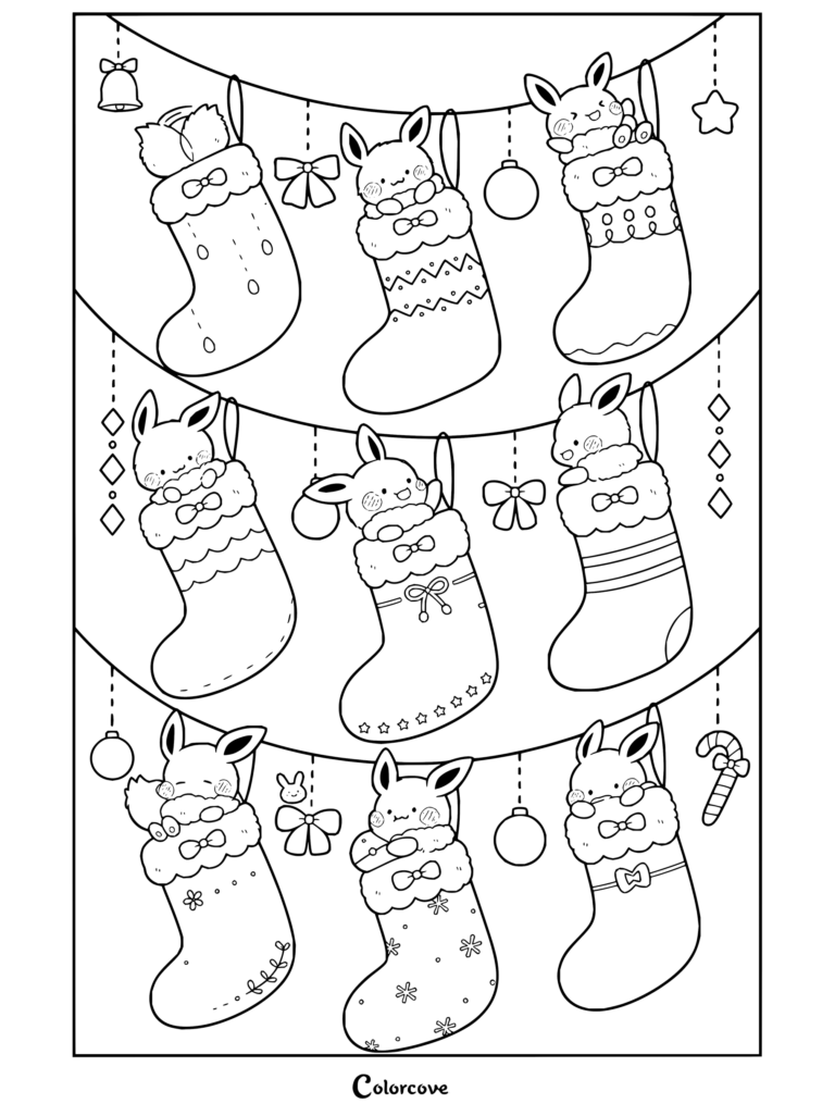 Dibujo para colorear para fans de Pokemon de Navidad con adorables figuras de Eevee colgando de calcetines navideños.
