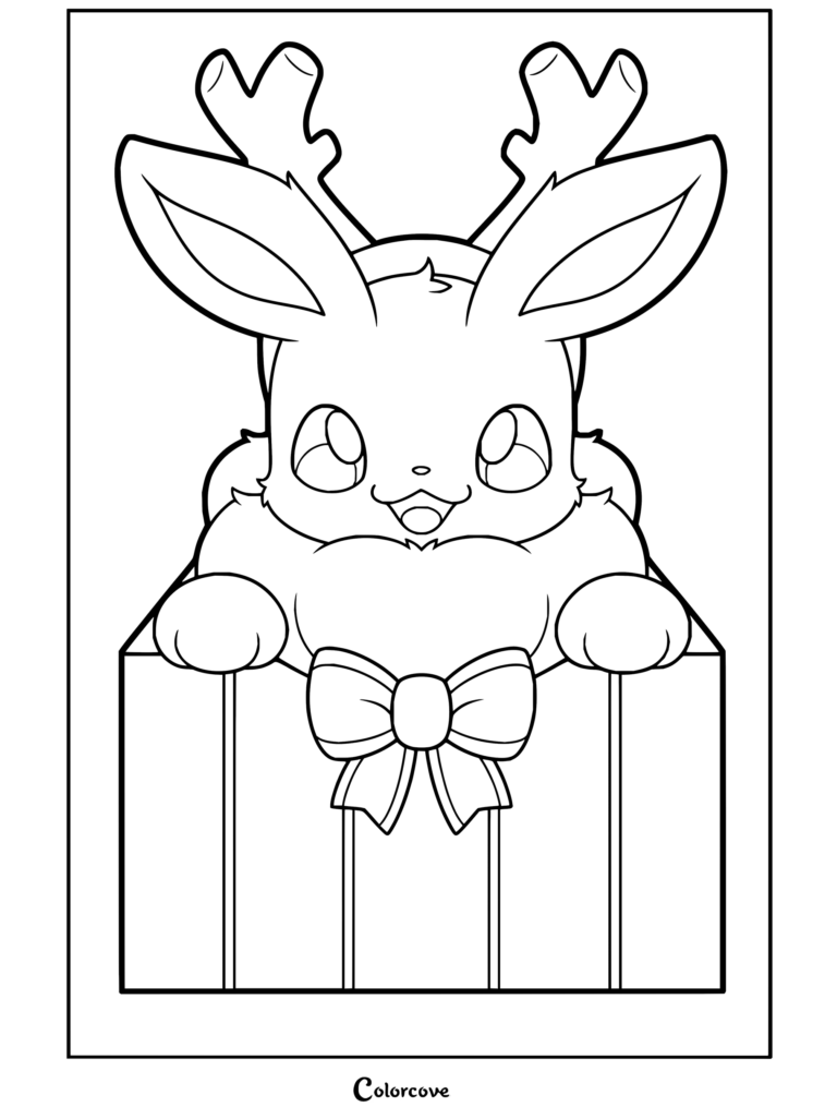 Dibujo para colorear de Pokemon de Navidad con Eevee luciendo astas de reno dentro de una caja de regalo navideña.