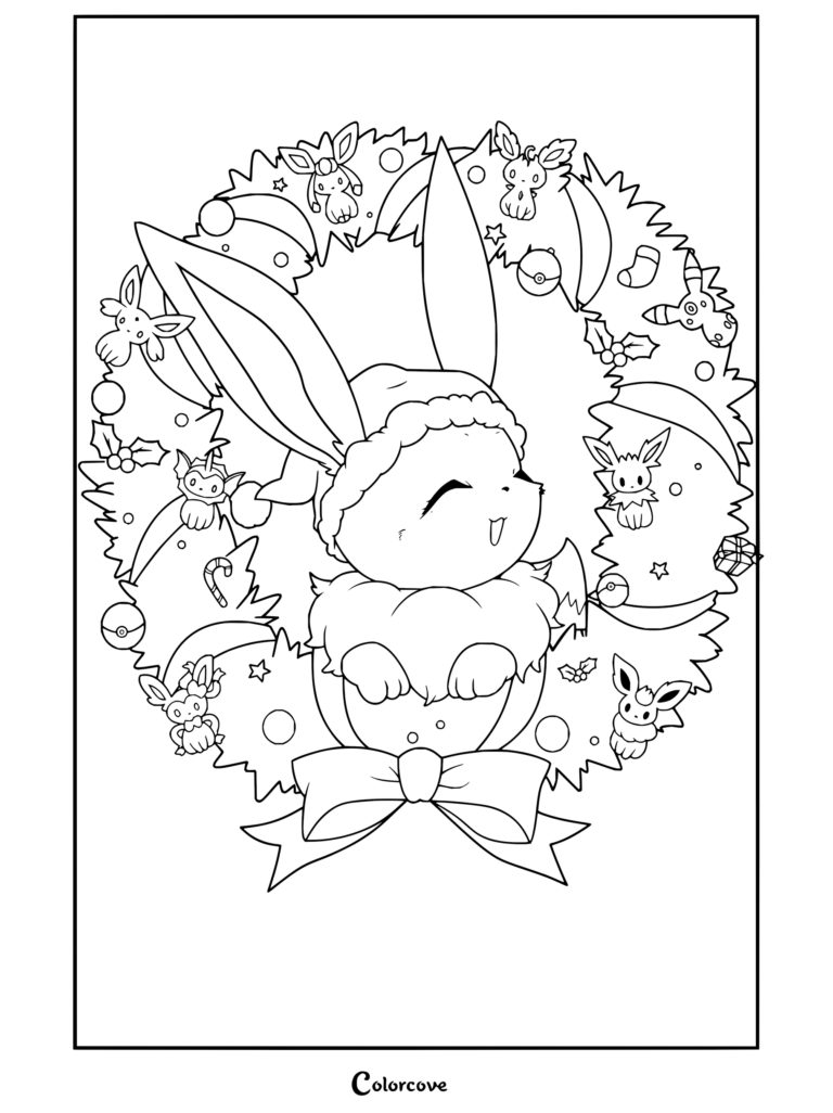 Dibujo para colorear imprimible de Pokemon de Navidad con Eevee llevando un gorro de Papá Noel dentro de una corona festiva rodeado de Eeveeluciones.