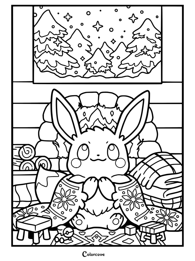 Dibujo para colorear de Pokemon de Navidad con Eevee envuelto en una manta de invierno frente a una acogedora chimenea mientras nieva afuera.