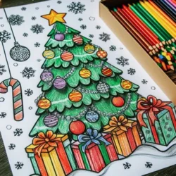 Christmas tree coloring page with ornaments, gifts, and colored pencils. Perfect for holiday-themed creativity.