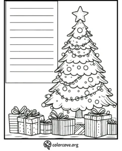 Christmas tree coloring page with gifts and writing space, featuring ornaments and a star on top.