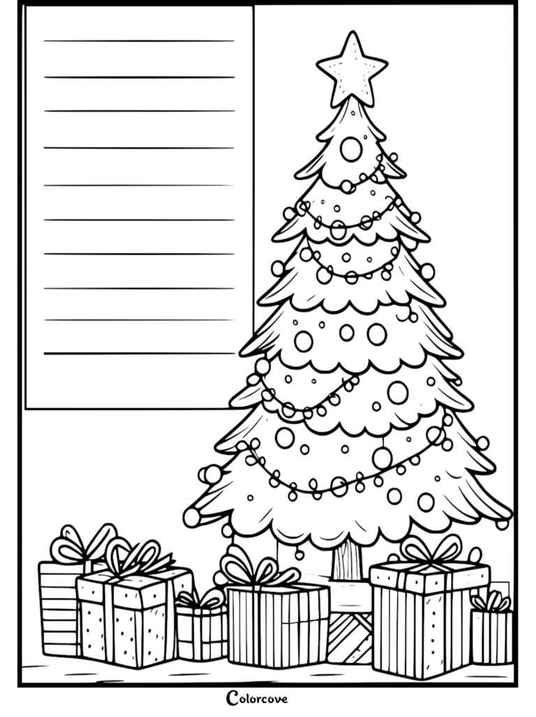 Una página para colorear de un Árbol de Navidad que presenta un pino decorado con una estrella de la copa, adornos, guirnaldas y regalos envueltos abajo, junto con un espacio de escritura con líneas.