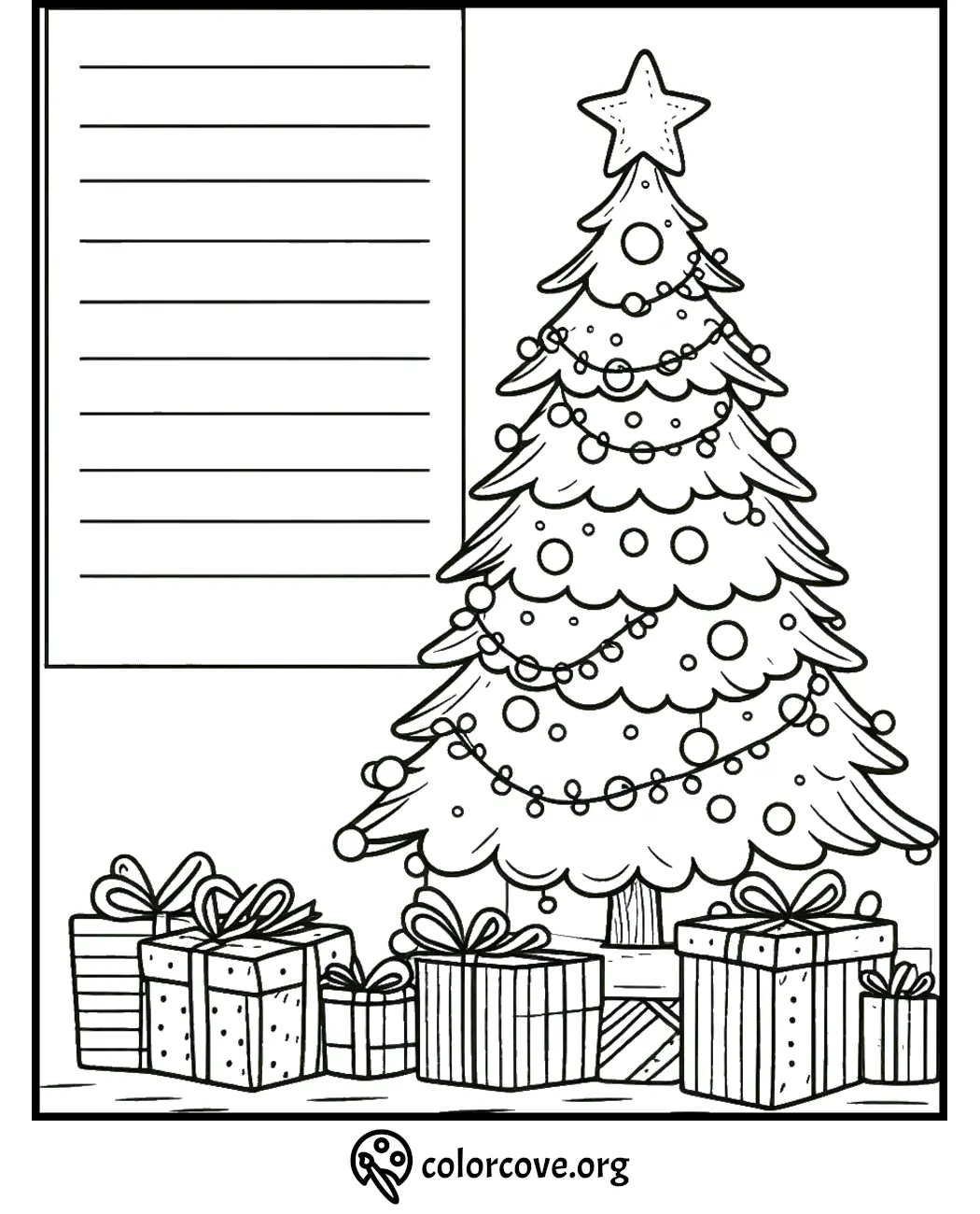 Christmas tree coloring page with gifts and writing space, featuring ornaments and a star on top.