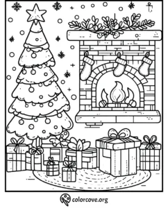 Christmas coloring page with a decorated tree, fireplace, stockings, and gifts. Cozy holiday scene for coloring fun.