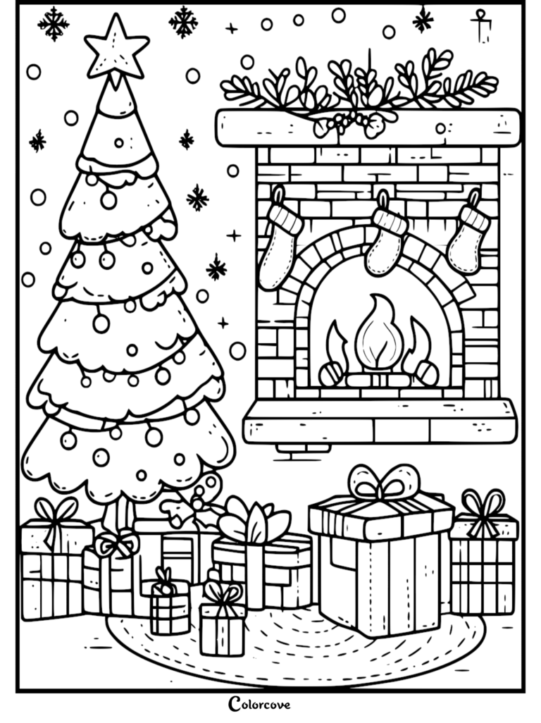 Página para colorear de un Árbol de Navidad que presenta un árbol decorado, una chimenea con calcetines navideños y regalos envueltos.