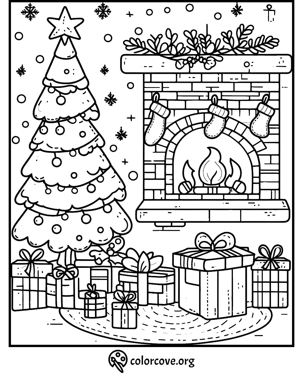 Christmas coloring page with a decorated tree, fireplace, stockings, and gifts. Cozy holiday scene for coloring fun.