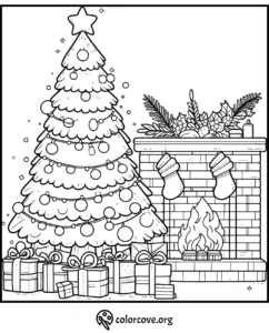 Christmas coloring page: decorated tree, gifts, stockings by fireplace. Cozy holiday scene for kids and adults.
