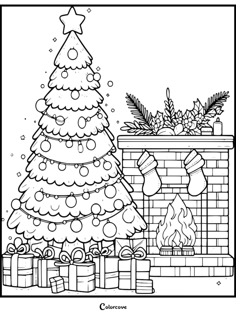 Una página para colorear festiva de un Árbol de Navidad que presenta un árbol decorado con adornos, una estrella de la copa, regalos envueltos y una chimenea de ladrillo con calcetines navideños.