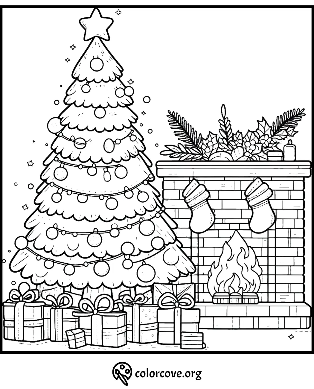 Christmas coloring page: decorated tree, gifts, stockings by fireplace. Cozy holiday scene for kids and adults.