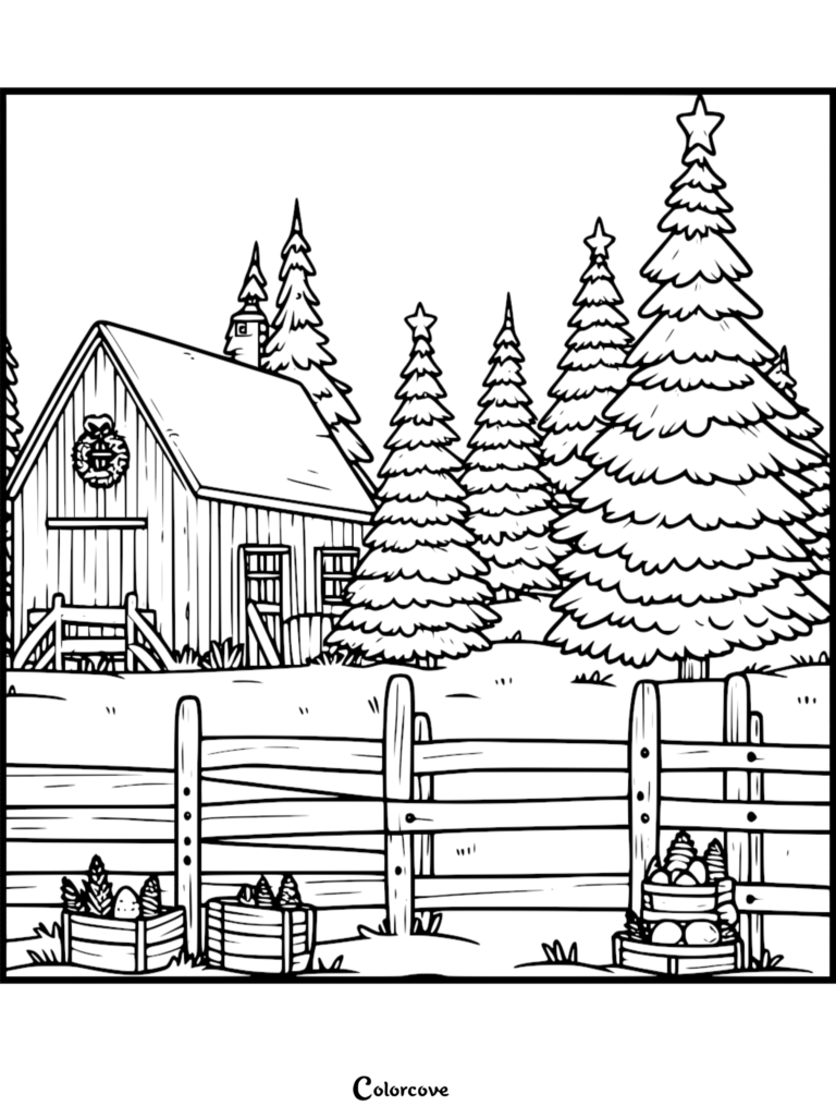 Página para colorear de un Árbol de Navidad que presenta un granero rústico, pinos y cajas de madera con piñas detrás de una cerca.