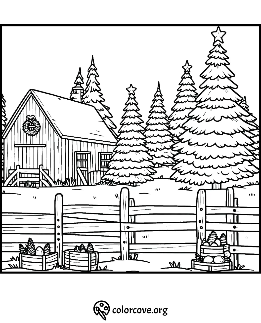 Winter cabin and forest coloring page with decorated trees and wooden fence. Perfect for holiday-themed coloring activities.