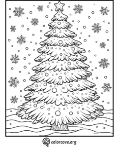 Christmas tree coloring page with snowflakes and star decoration, perfect for holiday-themed creativity.