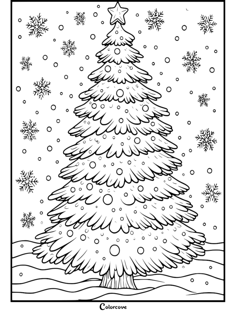 Un Árbol de Navidad decorado con una estrella de la copa rodeado de copos de nieve cayendo en esta página para colorear imprimible gratuita.