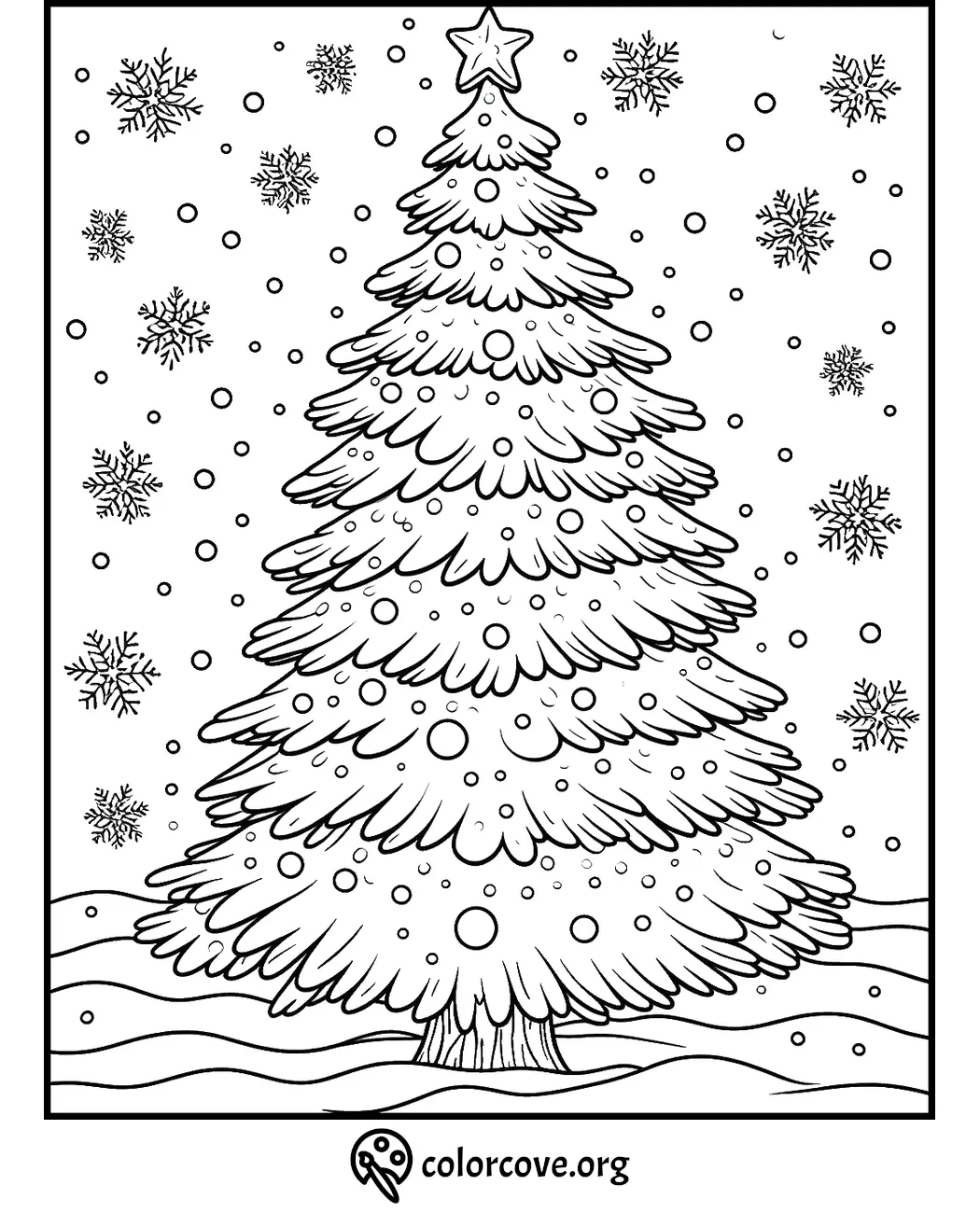 Christmas tree coloring page with snowflakes and star decoration, perfect for holiday-themed creativity.