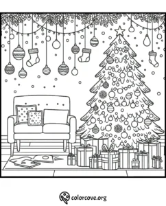 Cozy Christmas scene with decorated tree, gifts, and sofa. Perfect for holiday coloring and creativity.